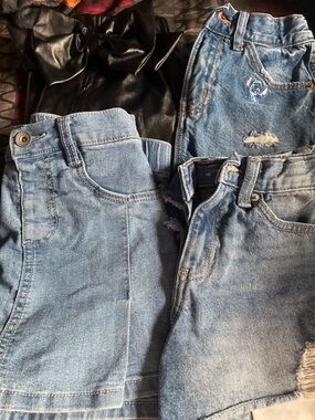 Mixed Light Blue Denim Shorts &false leather skirt Bundle